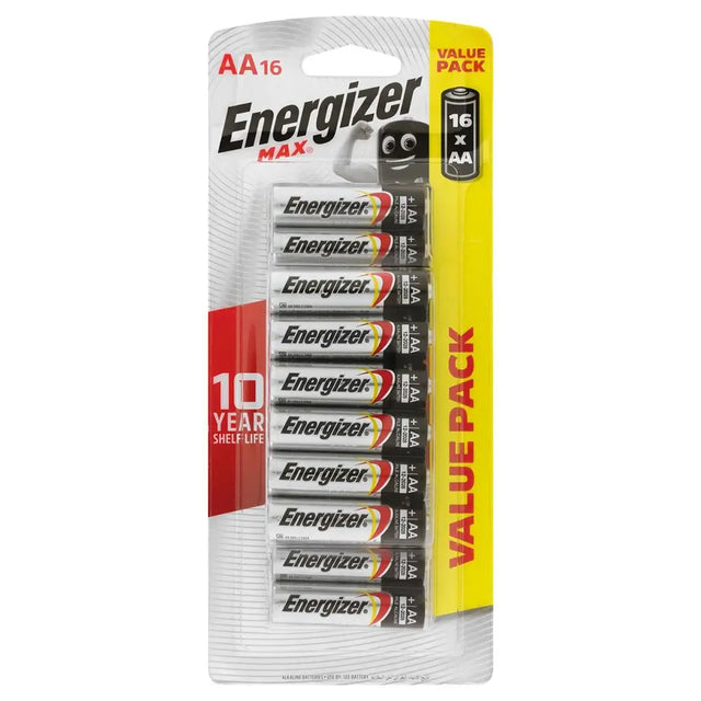 Pack of Energizer AA batteries with a '10 Year Shelf Life' label on a white background