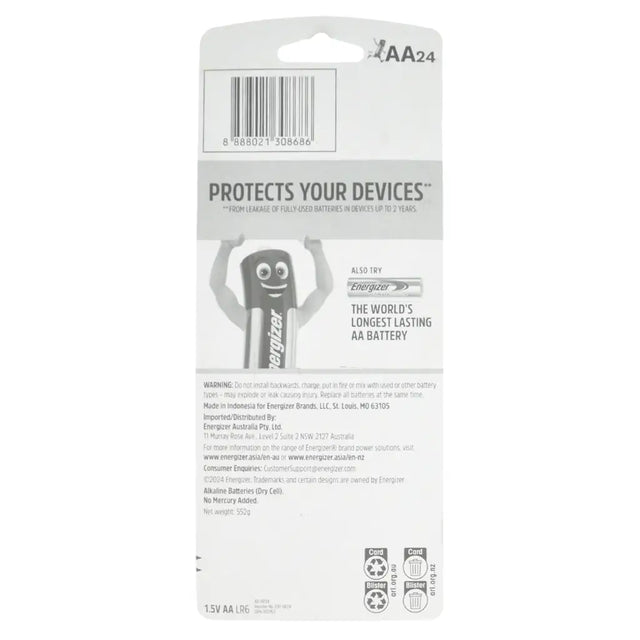 Energizer AA battery packaging with branding and product information on a white background