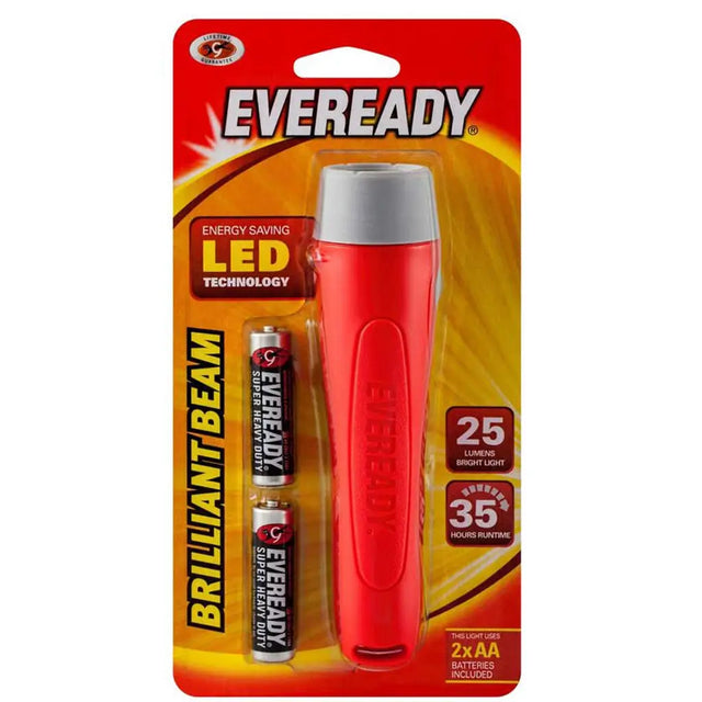 Red flashlight with Eveready branding on a white background