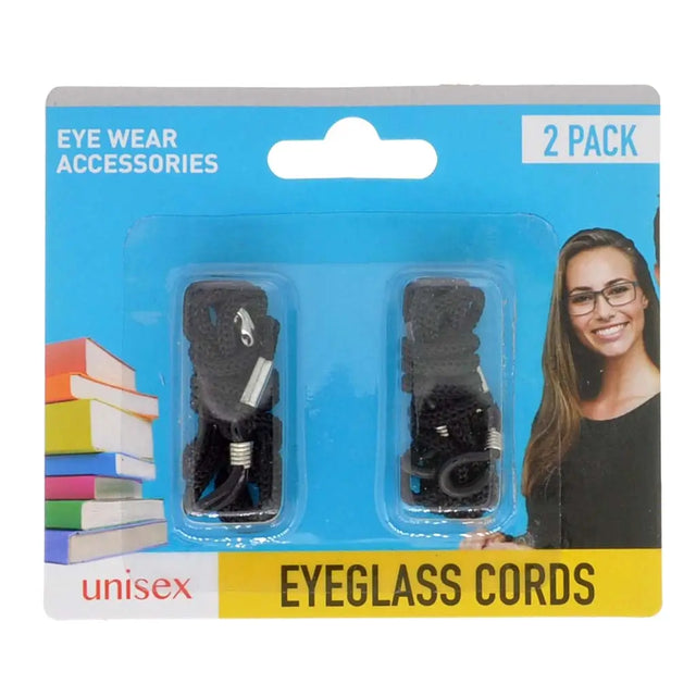 Pack of eyeglass cords with a woman wearing glasses on a blue background