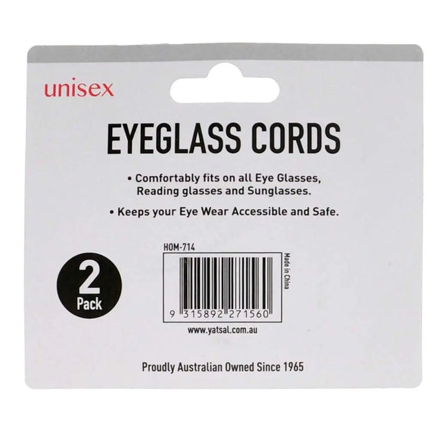 Packaging for eyeglass cords with branding and product details.