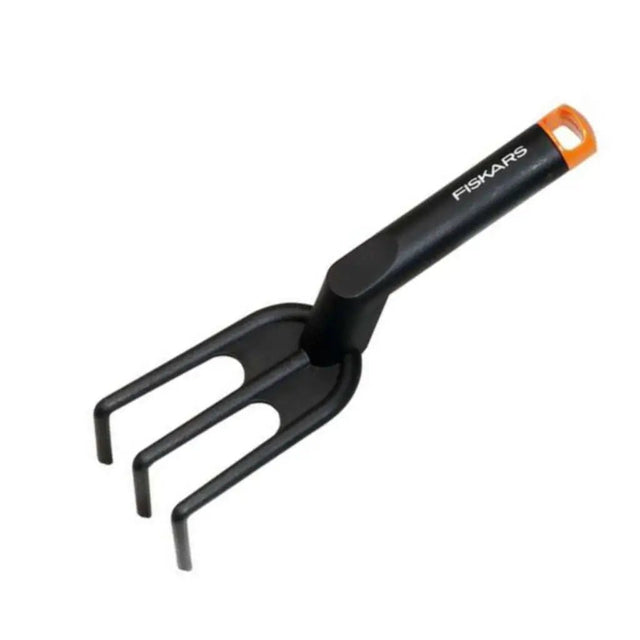 Gardening cultivator with black handle and orange accent on a white background