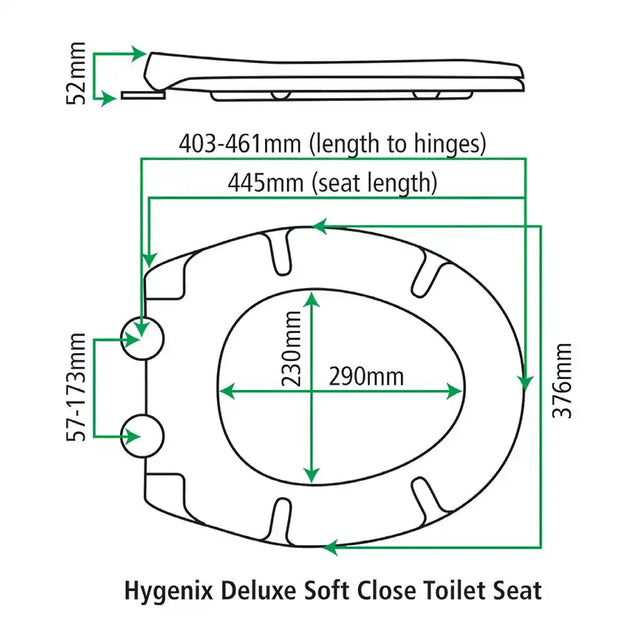 Technical drawing of Hygenix Deluxe Soft Close Toilet Seat with dimensions.