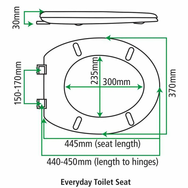 Diagram of a toilet seat with dimensions labeled