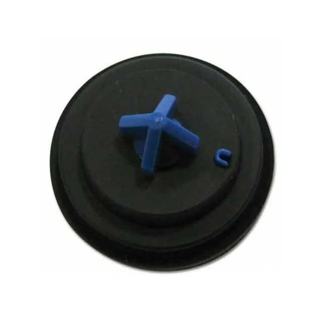 Black rubber gasket with blue plastic component on a white background