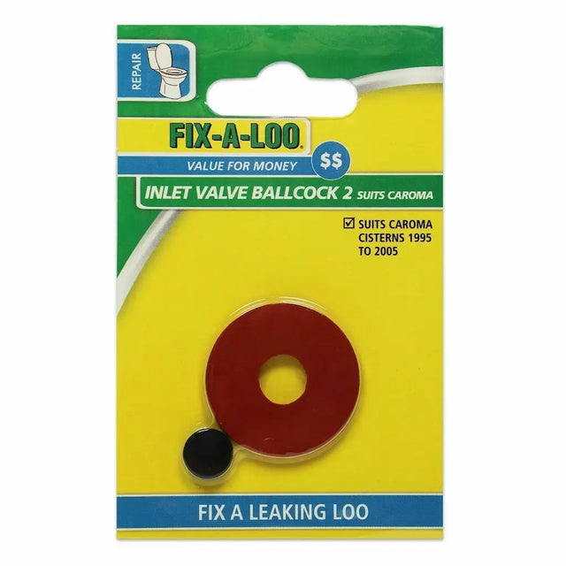 Packaging of Fix-A-Loo inlet valve ballcock for toilet repair on a white background