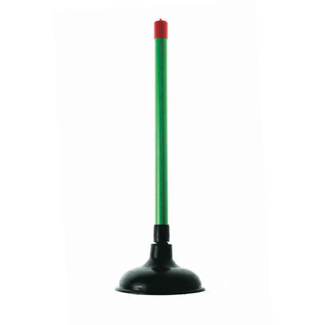 A classic plumbing sink plunger with a long green handle, a black rubber suction cup base, and a red plastic tip at the top, shown against a plain white background.
