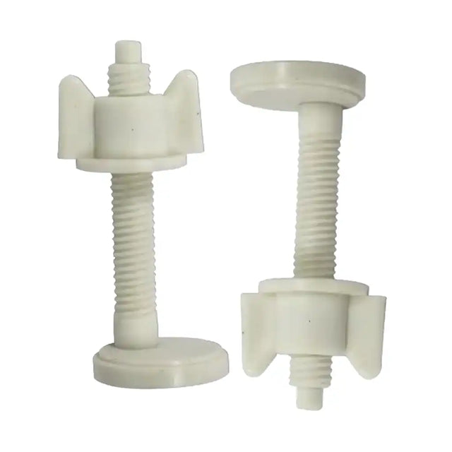 Two white plastic screws on a white background