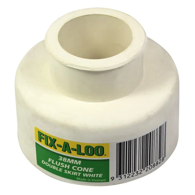 White plumbing fitting with 'FIX-A-LOO' label and barcode on a white background