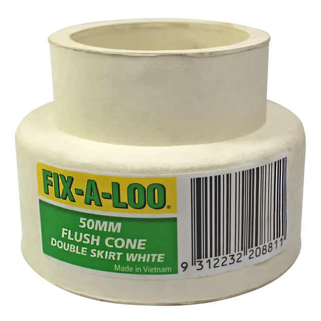 Fix-A-Loo plumbing component with label and barcode on a white background