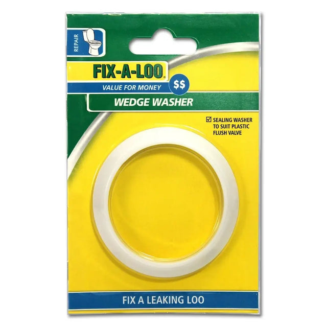 Packaged wedge washer for fixing a leaking loo with Fix-A-Loo branding.