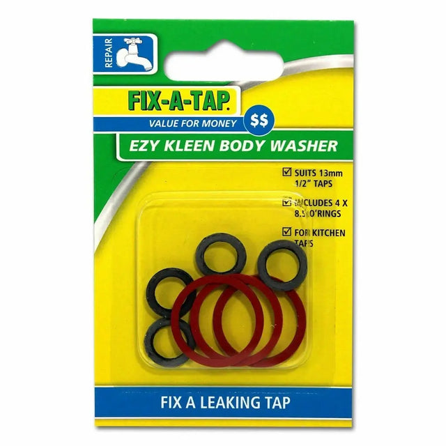 Packaging of Fix-A-Tap Ezy Kleen Body Washer with washers inside on a white background