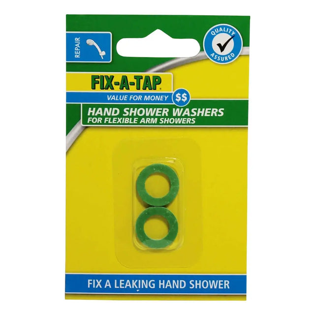 Pack of green hand shower washers with Fix-A-Tap branding on a yellow background