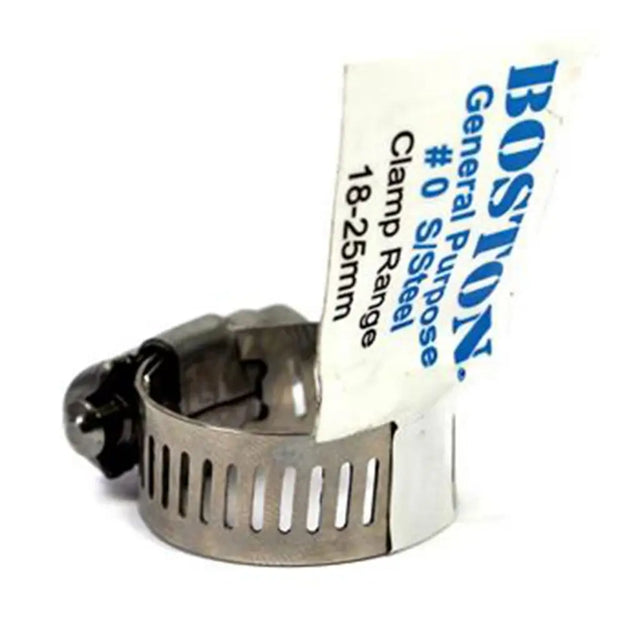 Metal hose clamp with Boston brand label on a white background