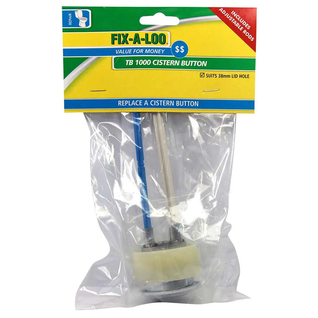 Packaged FIX-A-LOO TB 1000 cistern button with a clear plastic cover on a white background