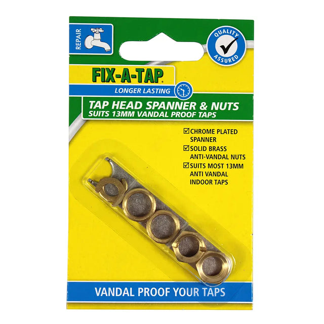 A retail package of Fix-A-Tap tap head spanner and nuts, containing five brass anti-vandal plugs in a clear plastic case mounted on a yellow, green, and blue cardboard backing.