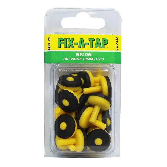 Pack of Fix-A-Tap nylon tap valves in packaging on a white background