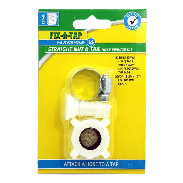 Packaged Fix-A-Tap straight nut & tail hose service kit on a white background