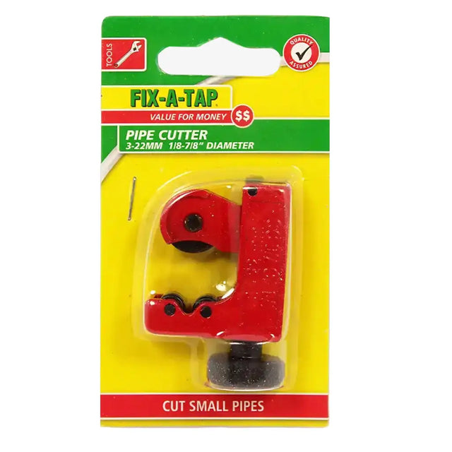 Red pipe cutter in packaging with green and yellow label on white background