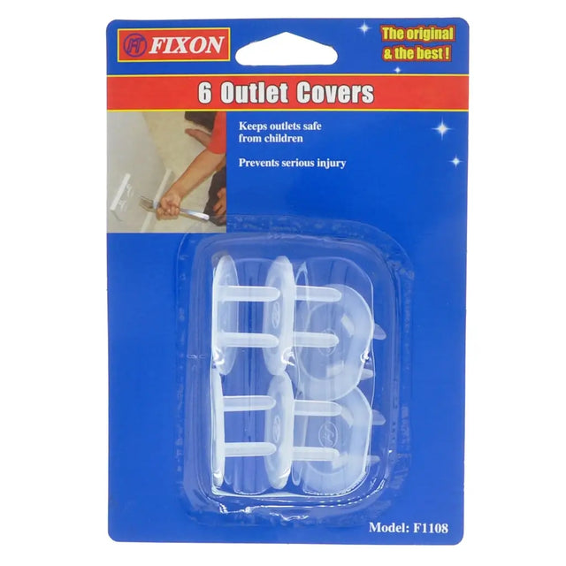 Pack of 6 outlet covers with Fixon branding on a blue background