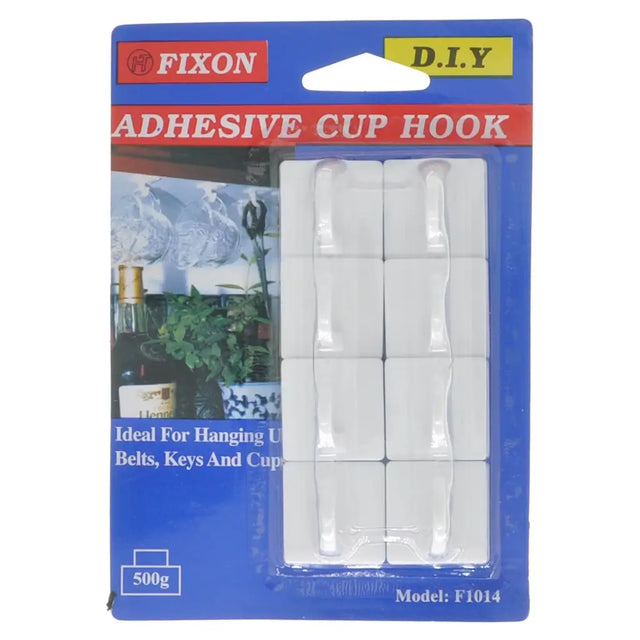 Packaging of Fixon adhesive cup hooks with blue background