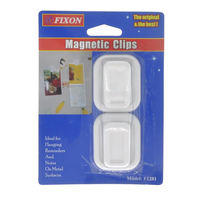 Packaging of Fixon magnetic clips with blue and red design