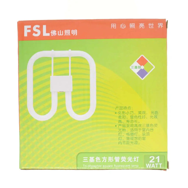FSL compact fluorescent light bulb packaging with green and orange design