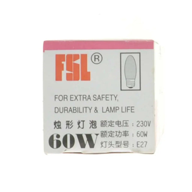 FSL light bulb packaging with specifications on a white background