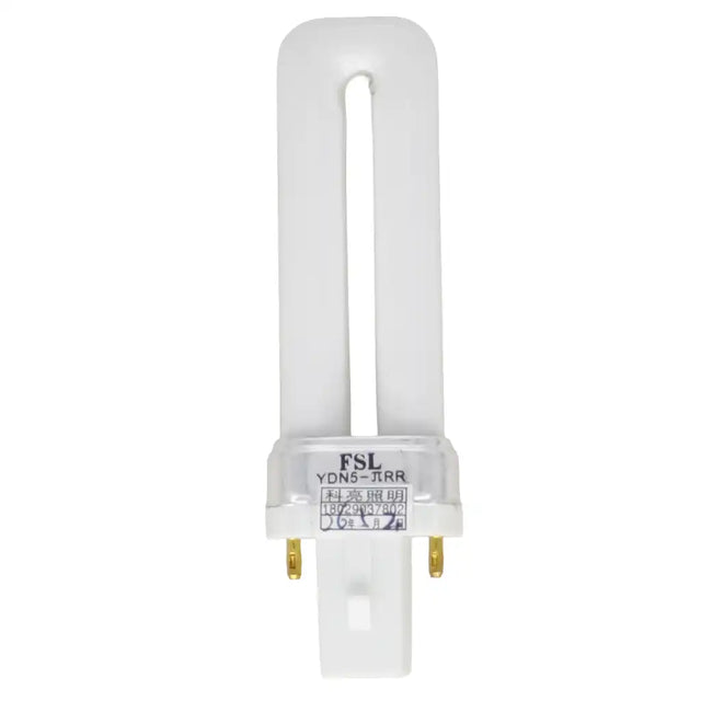FSL G23 220V 5W cool daylight compact fluorescent light bulb showing twin-tube CFL design and G23 2-pin base on white background