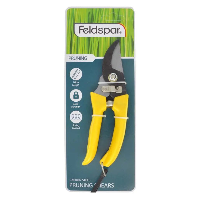 Feldspar pruning shears packaging with green grass design on a white background