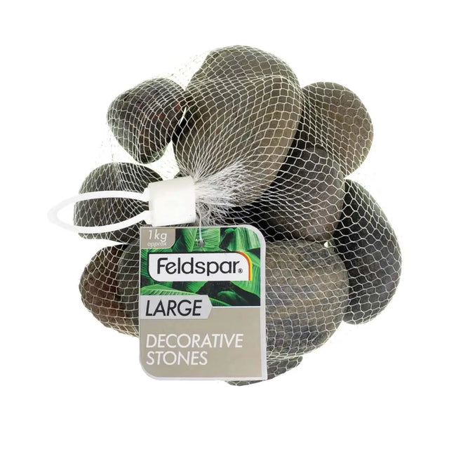 Packaged decorative stones with a label on a white background
