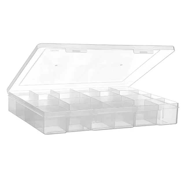 Clear plastic storage box with compartments on a white background
