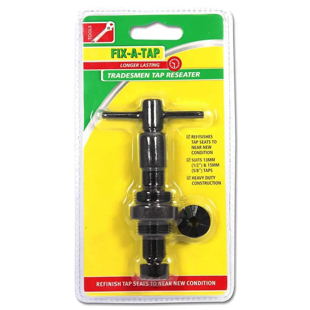 Tools Fix-A-Tap Tradesmen Tap Reoperator in its original blister card packaging, featuring a black metal tap reoperator tool and a black cap on a bright yellow and green backing card.