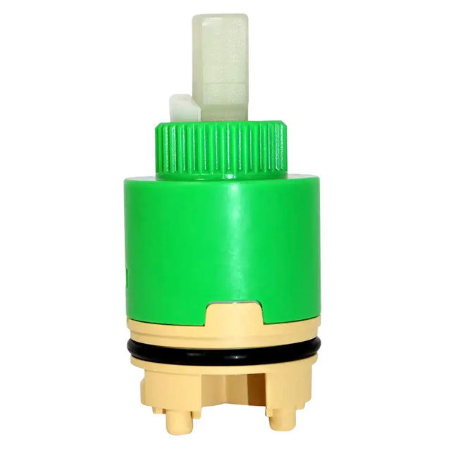 Green and gold mechanical component on a white background