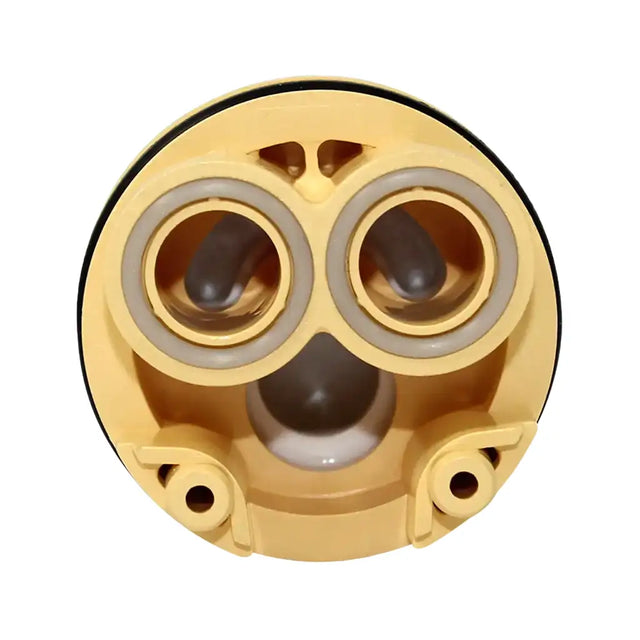 Gold mechanical component with three cylindrical holes on a white background