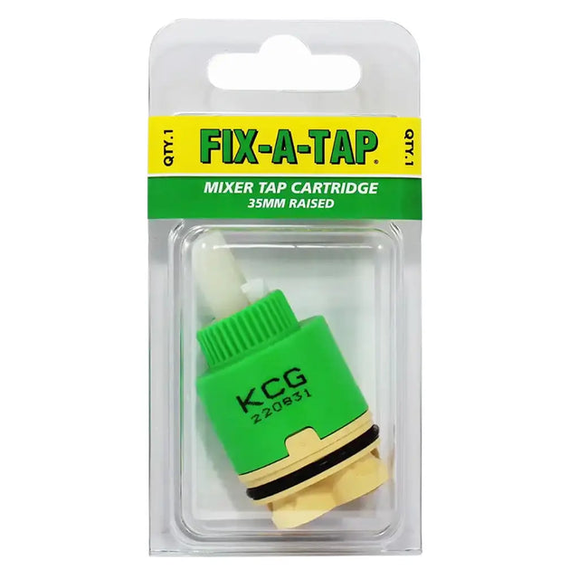 Fix-A-Tap mixer tap cartridge in packaging with green and gold design.