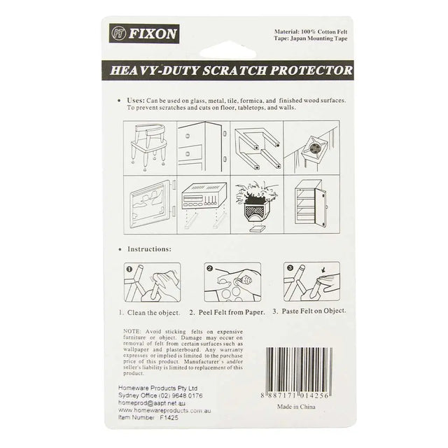 Fixon heavy-duty scratch protector packaging with instructions and illustrations on a white background