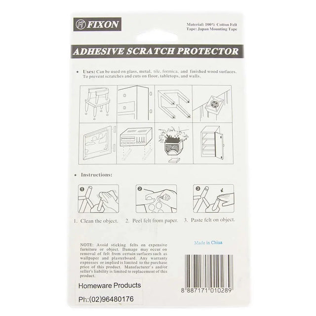 Back of adhesive scratch protector packaging with FIXON branding and usage instructions.