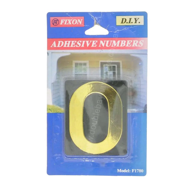 Gold adhesive number '0' in packaging with Fixon branding on a white background