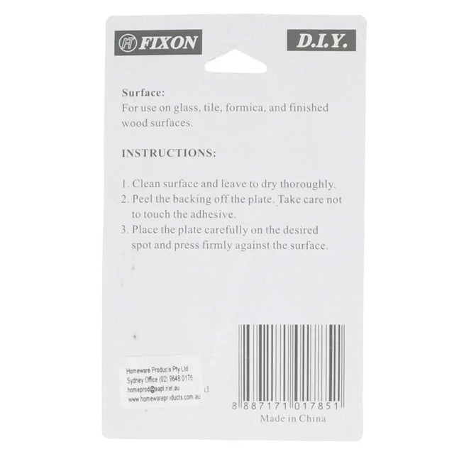 Back of a Fixon adhesive label with instructions and product details.