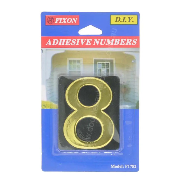 Gold adhesive number '8' in packaging with Fixon branding on a white background