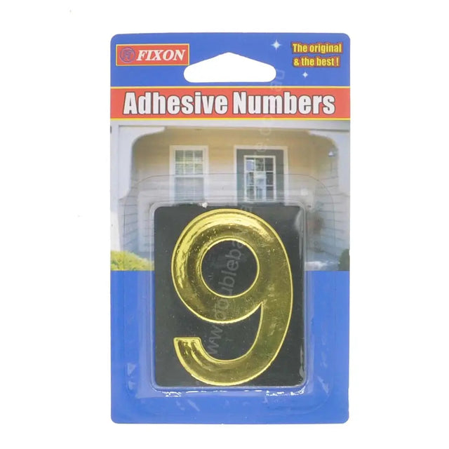 Gold adhesive number '9' in packaging with Fixon branding on a white background
