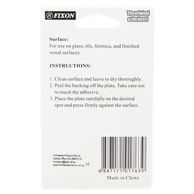 Back label of a Fixon product with instructions and branding.