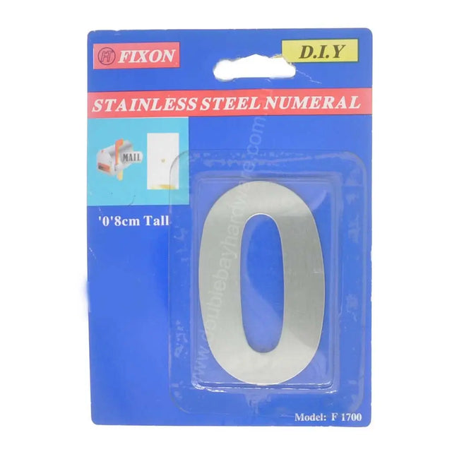 Stainless steel numeral '0' in packaging with Fixon branding on a blue background
