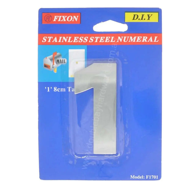 Packaged stainless steel numeral '1' with Fixon branding on a blue background