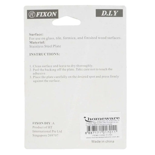Fixin DIY stainless steel plate packaging with instructions and branding details.