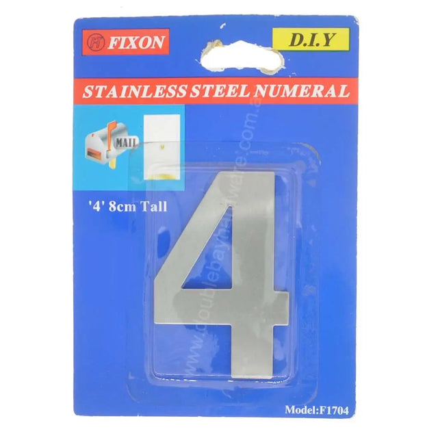 Packaged stainless steel numeral '4' with Fixon branding on a blue background