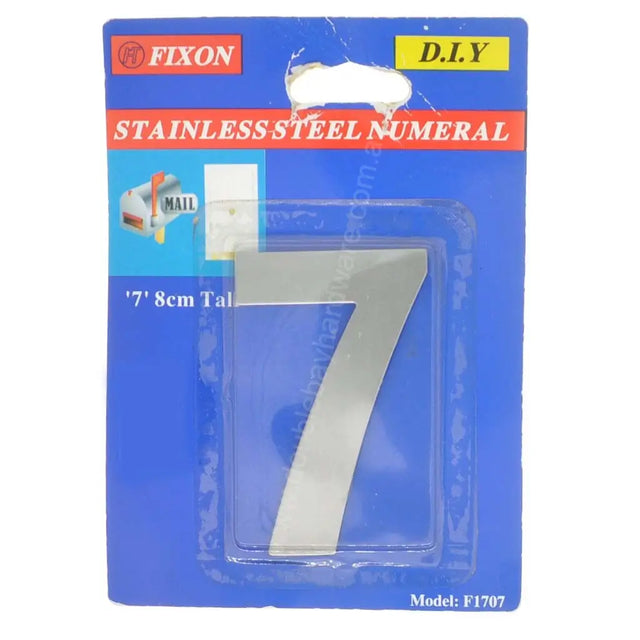 Stainless steel numeral '7' in packaging with Fixon branding