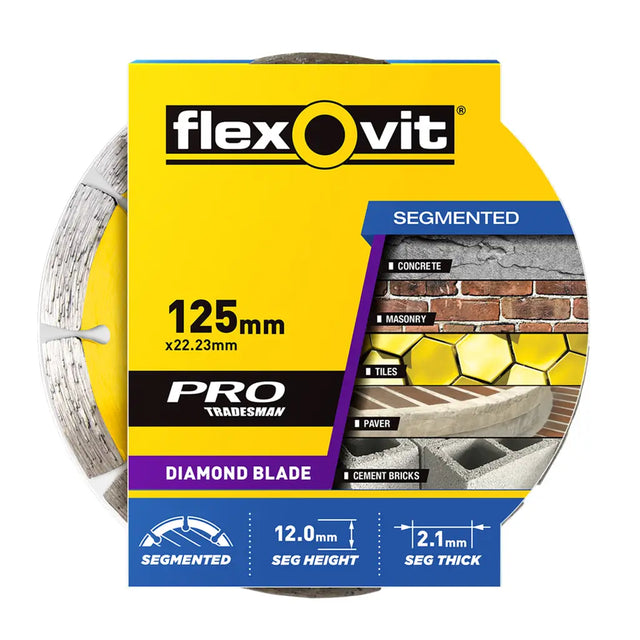 A spool of Flexovit Pro Tradesman segmented diamond blade concrete and masonry saw blade, 125mm (22.23 inches) in length.
