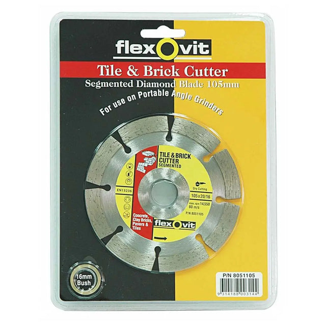 A packaged Flexovit Tile & Brick Cutter segmented diamond blade, 105mm in size, shown in its original retail blister pack against a white background.